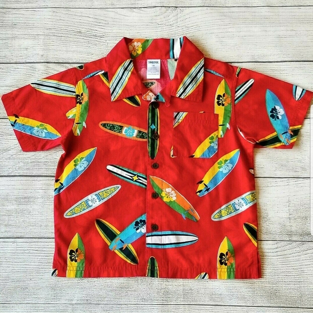 Surf Camp Vintage Short Sleeve Red Cotton Surfboard print Button Front Shirt 3T